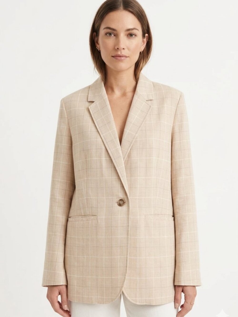 UNIQLO WOMEN'S LIGHT BEIGE WHITE BLUE PLAID SINGLE BREASTED SLOUCHY BLAZER - M